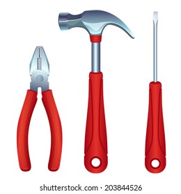Set of construction tools: a screwdriver, a hammer and a pliers on white background.
