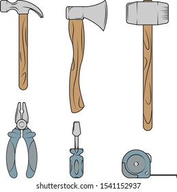 Set of construction tools. Vector illustration of hammer, ax, screwdriver, sledgehammer, pliers, tape measure. Vector set. 