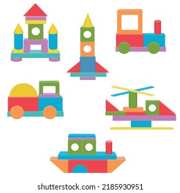 set Construction of Transport from colored wooden cubes, vector isolated illustration in the flat style