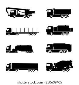 Set of construction trucks and vehicles. Machine construction equipment icons. Truck, crane, truck, concrete mixer, tanker.