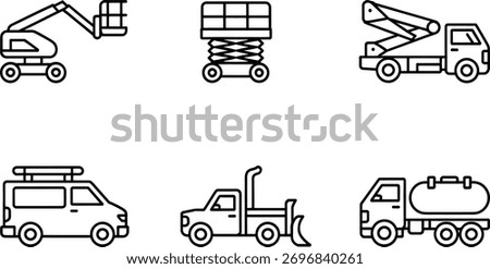 A set of construction vehicle icons in line vector style. Includes a boom lift, platform lift, bucket truck, van, snowplow truck, and tanker truck. Isolated on white background.