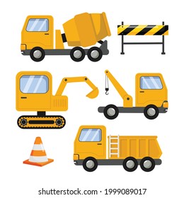 Set of construction vehicle. Industrial yellow truck. Flat vector cartoon design