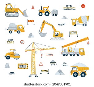 Set construction vehicle isolated on white background. Illustration with yellow cars dump truck, building crane, road roller. Kids cars for design of children's rooms, clothing, textiles. Vector