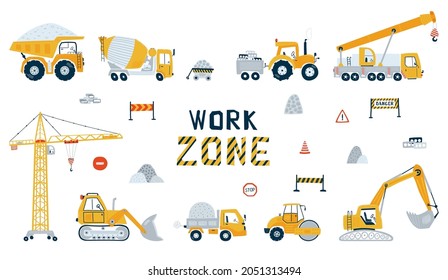 Set construction vehicle isolated on white background. Illustration with yellow cars truck, bulldozer and concrete mixer. Kids cars for design of children's rooms, clothing, textiles. Vector svg