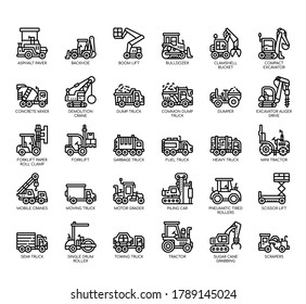 Set of construction vehicle thin line and pixel perfect icons for any web and app project. 