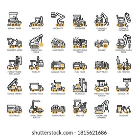 Set of construction vehicle thin line and pixel perfect icons for any web and app project. 