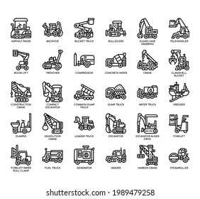 Set of construction vehicle thin line and pixel perfect icons for any web and app project. 