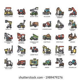 Set of construction vehicle thin line and pixel perfect icons for any web and app project. 