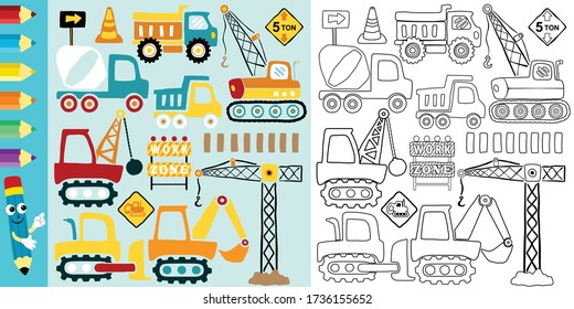 Set Of Construction Vehicles Cartoon, Coloring Book Or Page