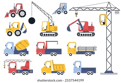 Set of construction vehicles in cartoon style. Cute construction machines. Construction site concept. Vector illustration