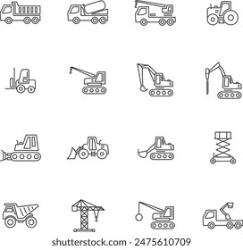 Set of construction vehicles icon in outline style