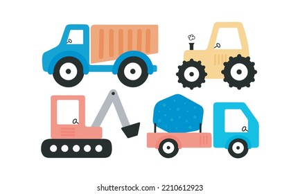 Mit Baufahrzeugen für Kinderdesign ausgestattet. Vektorgrafik auf weißem Hintergrund. Für Karten, Plakate, Aufkleber, Banner, Druck auf der Packung, Druck auf Kleidung, Stoff, Tapete.