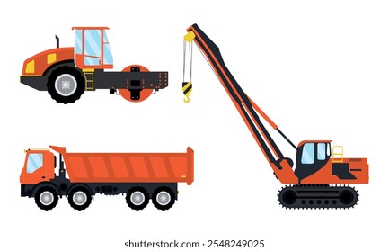 Conjunto de vehículos de construcción, un rodillo de carretera, un camión de volteo y una grúa. Ilustración vectorial plana de maquinaria pesada utilizada para la construcción, el transporte y fines industriales.