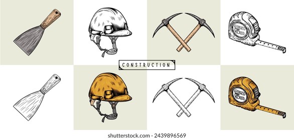 Set of construction vintage hand-drawn vector illustration.