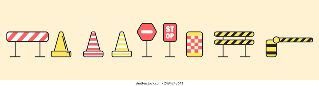Set of construction warning signs vector. Signs at work. Traffic road repair barriers set. Construction fences. Construction signs. Set of road warning signs. Vector illustration.