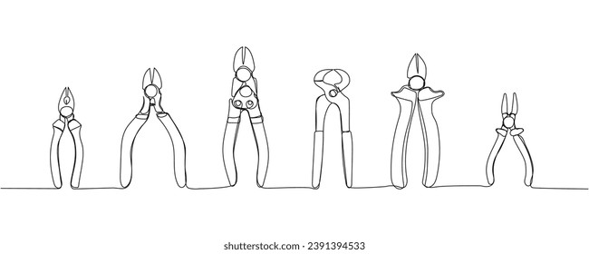 Set of construction wire cutters, pliers, vise grip, swagers one line art. Continuous line drawing of repair, professional, hand, people, concept, support, maintenance.