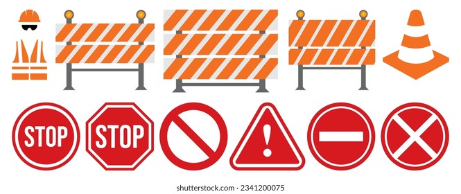 Conjunto de señales de seguridad de las obras de construcción aisladas sobre un fondo transparente.