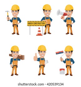 Set of Construction Worker Character in 6 Different Poses