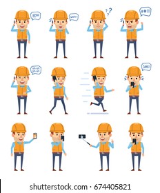 Set of construction worker characters with phone posing in diverse situations. Funny workman talking on phone, surprised, angry and showing other emotions. Simple vector illustration