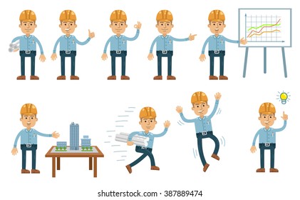 Set of construction worker characters posing in different situations. Cheerful worker showing thumb up gesture, pointing, jumping, running. Flat style vector illustration