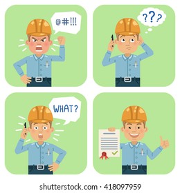 Set of construction worker characters posing in different situations. Cheerful worker talking on the phone, thinking, surprised, angry, holding a document. Flat style vector illustration