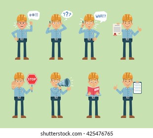 Set of construction worker characters posing in different situations. Cheerful worker talking on phone, thinking, surprised, angry, holding clipboard, stop sign, loudspeaker. Flat vector illustration