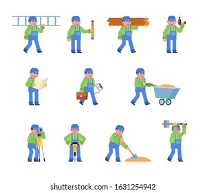 Set of construction worker characters showing various actions. Builder or worker holding ladder, wooden blocks, hammering, digging and showing other actions. Flat design vector illustration