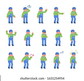 Set of construction worker characters showing various emotions. Mechanic or worker crying, laughing, happy, tired, angry and showing other expressions. Flat design vector illustration