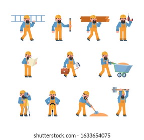 Set of construction worker characters showing various actions. Builder or worker holding ladder, wooden blocks, hammering, digging and showing other actions. Flat design vector illustration