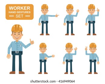 Set of construction worker characters showing different hand gestures. Cheerful worker showing thumb up gesture, this way, greeting, waving, pointing up, victory sign. Flat style vector illustration