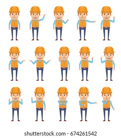 Set of construction worker characters showing various hand gestures. Funny worker pointing, greeting, showing thumb up, stop hand and other gestures. Simple vector illustration