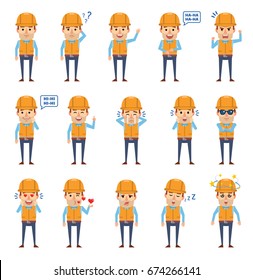 Set of construction worker characters showing various emotions. Funny workman laughing, crying, surprised, dazed, sleepy, angry and showing other emotions. Simple vector illustration