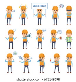 Set of construction worker characters showing various actions, emotions. Funny workman holding map, signboard, loudspeaker, sleeping and showing other actions. Simple vector illustration