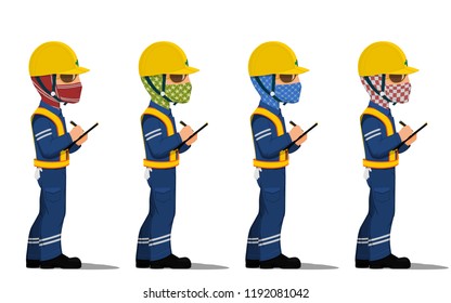 Set of construction worker with colorful face cover on transparent background