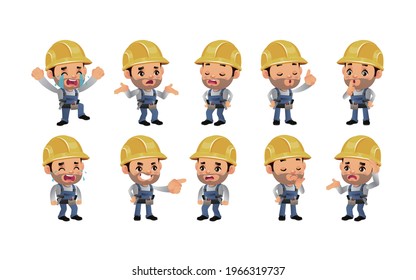 Set of construction worker with different emotions