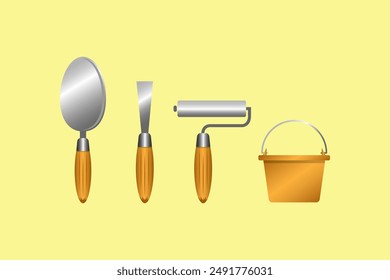 Set of construction worker equipment. Cement spoon, roller painter, and plastic buckets.