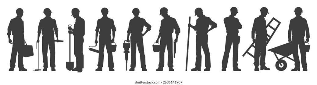 Set of construction worker labor builder industry silhouettes poses with tools and gear equipment isolated on transparent background