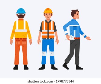 set of construction worker man character with multiple sides wearing different uniform and wearing safety helmet and vest vector illustration. used for poster, character and other