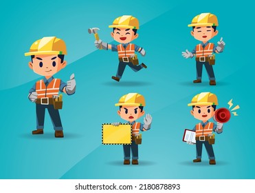 set of construction worker mascot character design vector