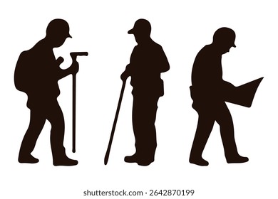 Set of construction worker silhouette illustration. Men doing outdoor activity. Construction worker pose wearing safety helmet
