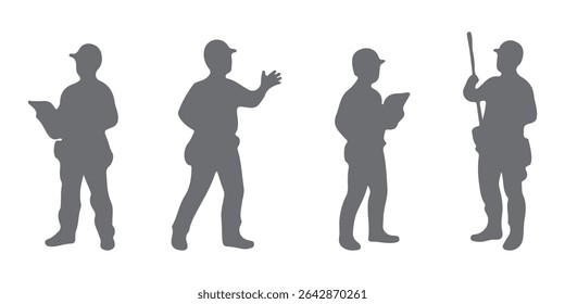Conjunto de ilustração de silhueta do trabalhador da construção. Homens fazendo atividades ao ar livre. Trabalhador de construção posar usando capacete de segurança