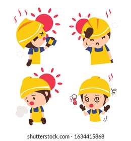 Set construction worker with symptoms of heat stroke.Industrial safety cartoon.vector illustration