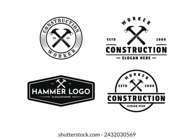 set of construction worker tool logo design vintage retro label and badge