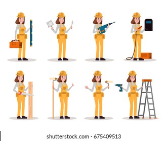Set of Construction Worker. Worker woman with construction tools in many pose. Flat character design. vector illustration