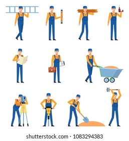 Set of construction workers in blue overalls showing various actions. Cheerful workman holding drill, jackhammer, ladder and other tools. Flat design vector illustration