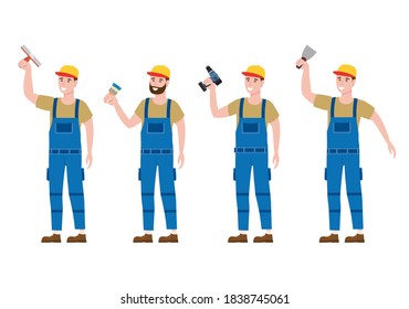 Ponga a los trabajadores de la construcción con destornillador inalámbrico, cepillo, herramientas de traviesa de plástico en ropa de trabajo. vector de carácter artesano aislado