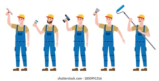 Set Construction workers with cordless screwdriver, brush, plastering trowel tool, rollerbrush in workwear. Craftsman character vector isolated