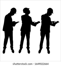 Set of construction workers in different posies. Builder, architect is holding a folder, contract. The reviewer looks at the document. Vector black illustration isolated on white background. Engineer.