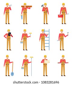 Set of construction workers in overalls showing various actions. Cheerful workman holding shovel, wrench, toolbox, ladder and other tools. Flat design vector illustration