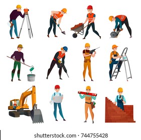 Conjunto de trabajadores de la construcción en chalecos y cascos de seguridad con herramientas de trabajo y materiales aislados ilustraciones vectoriales